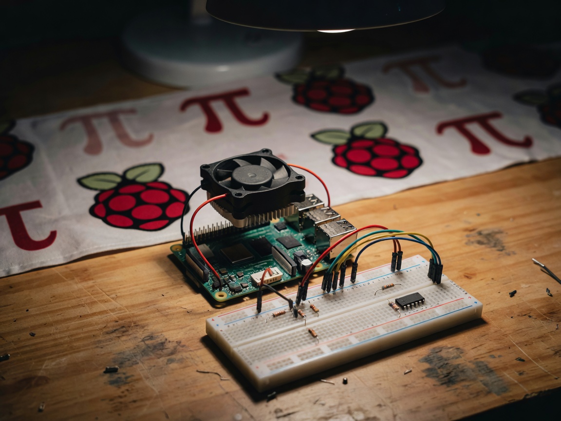 A small single-board computer with a fan cooler wired to a breadboard on a workbench