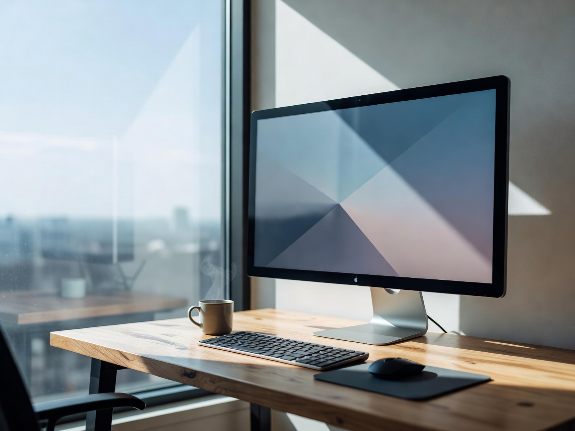 A 27-inch monitor on a desk beside a large window with daylight falling across the screen