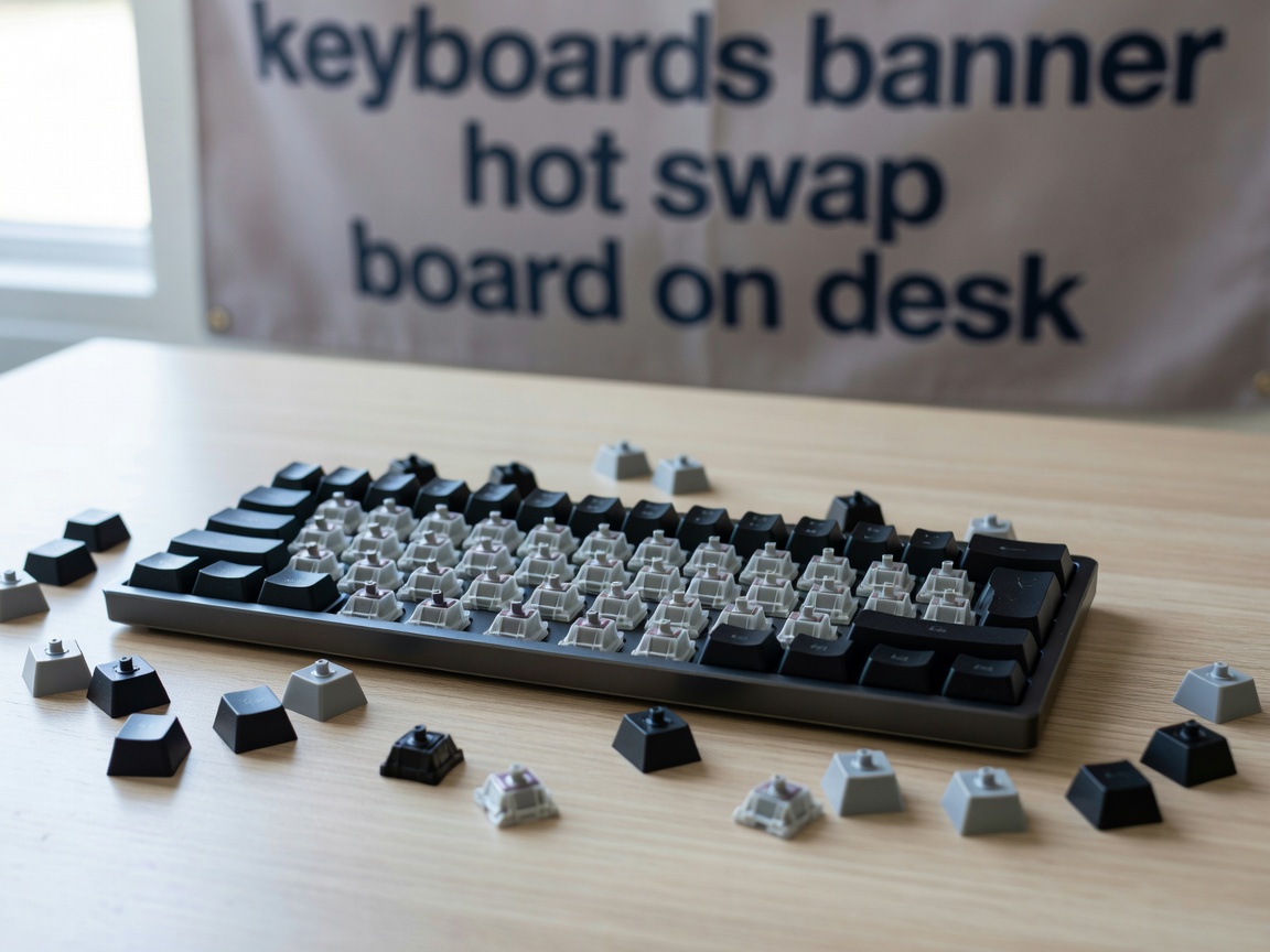 A hot-swap mechanical keyboard with a few keycaps removed, showing switches, on a desk in daylight