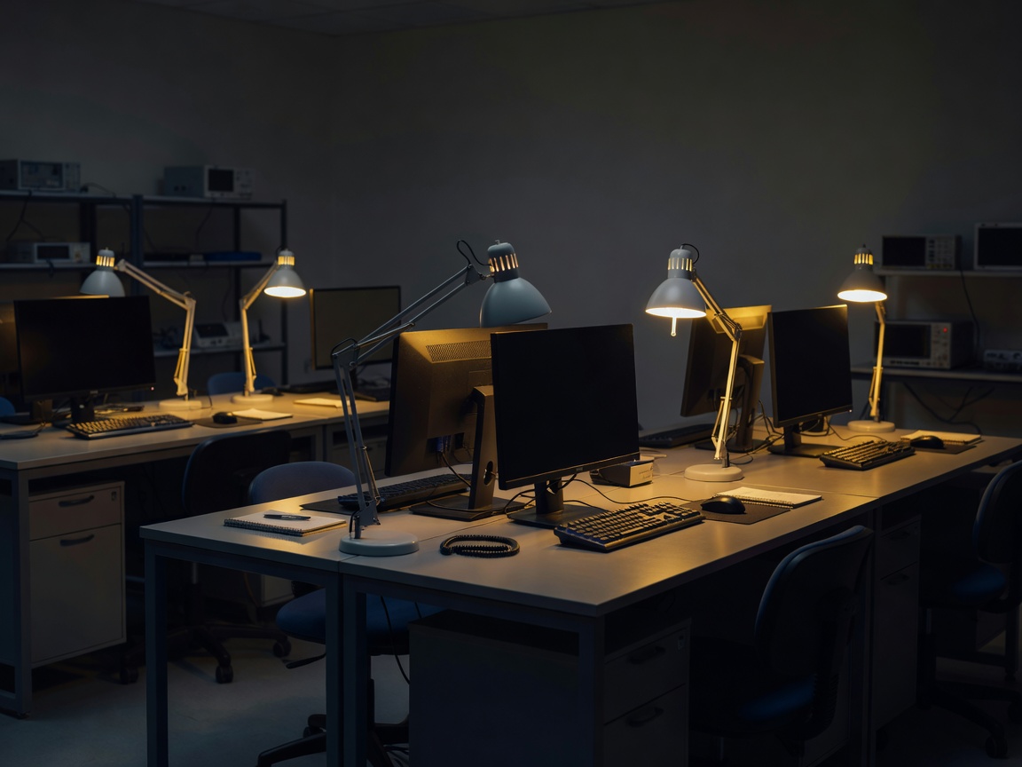 A test room at night with several desks, monitors and keyboards lit by warm desk lamps