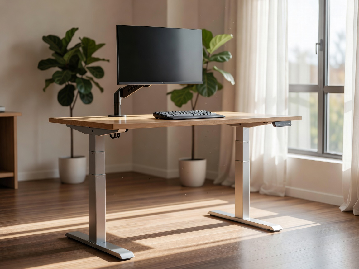 A sit-stand desk raised to standing height with a monitor on an arm and a keyboard, in a sunlit room