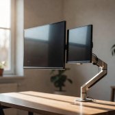 Monitor on an adjustable arm in a sunny room